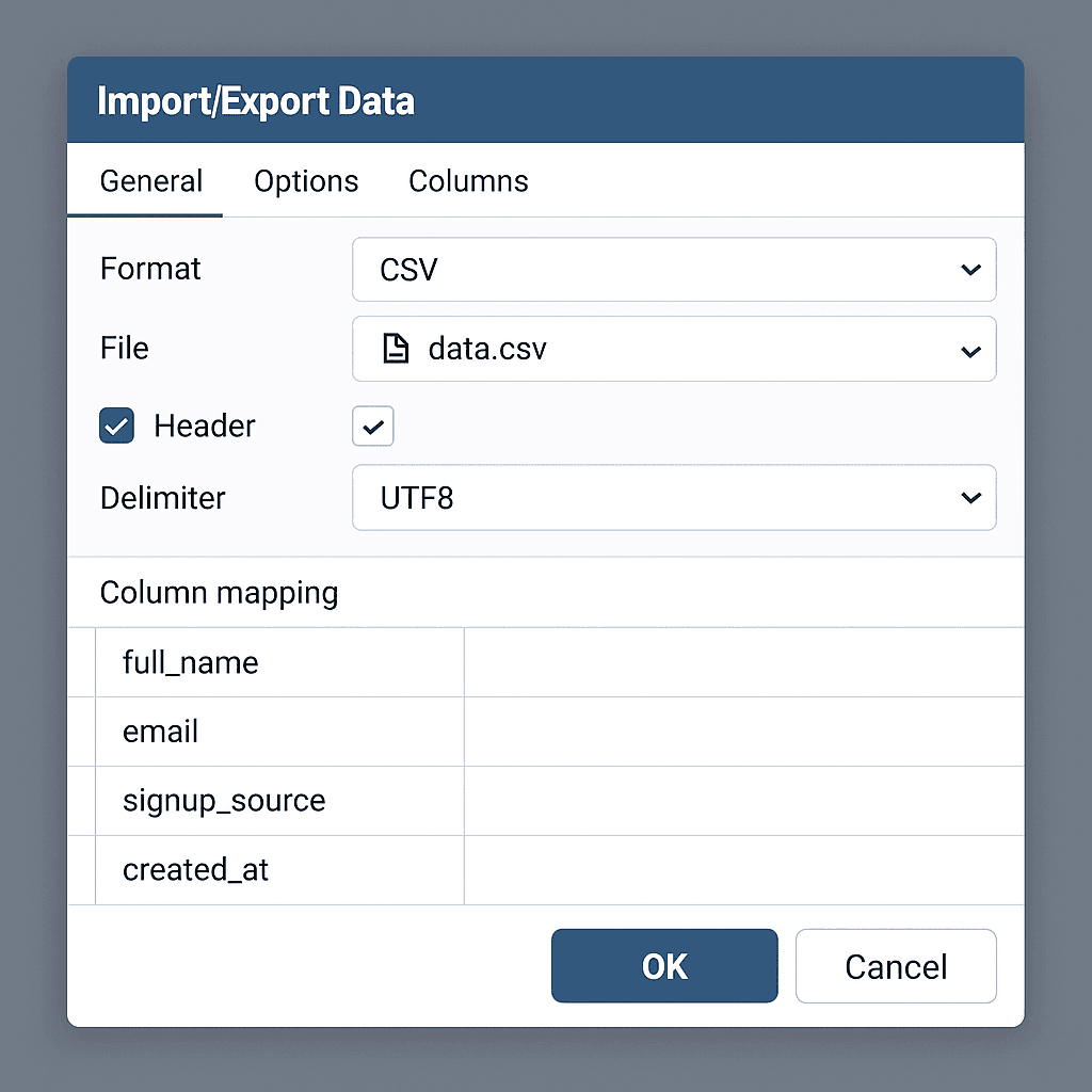 pgAdmin 4 CSV import wizard showing delimiter, encoding, and header options with column mapping interface