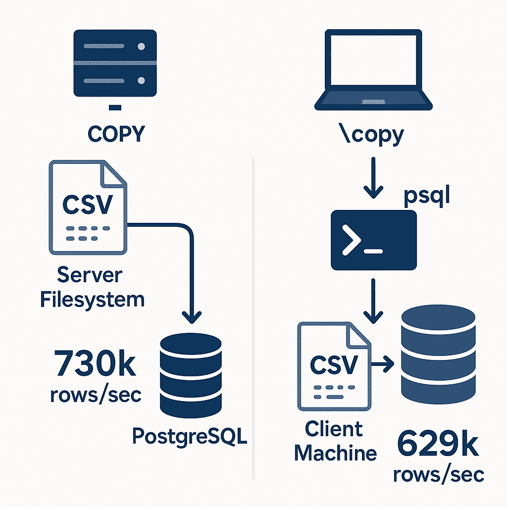PostgreSQL CSV import methods comparison: COPY vs copy architecture diagram showing server-side and client-side data flow with performance benchmarks